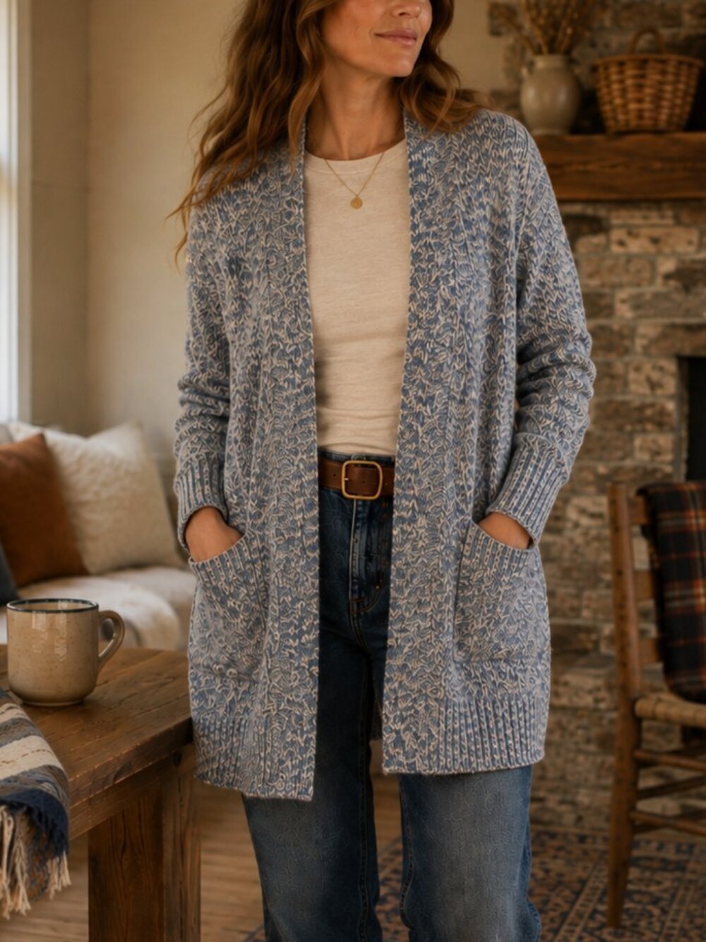 L.LBean Cotton Marled Blue Open Front Long Cardigan M Cabincore Coastal NWOT